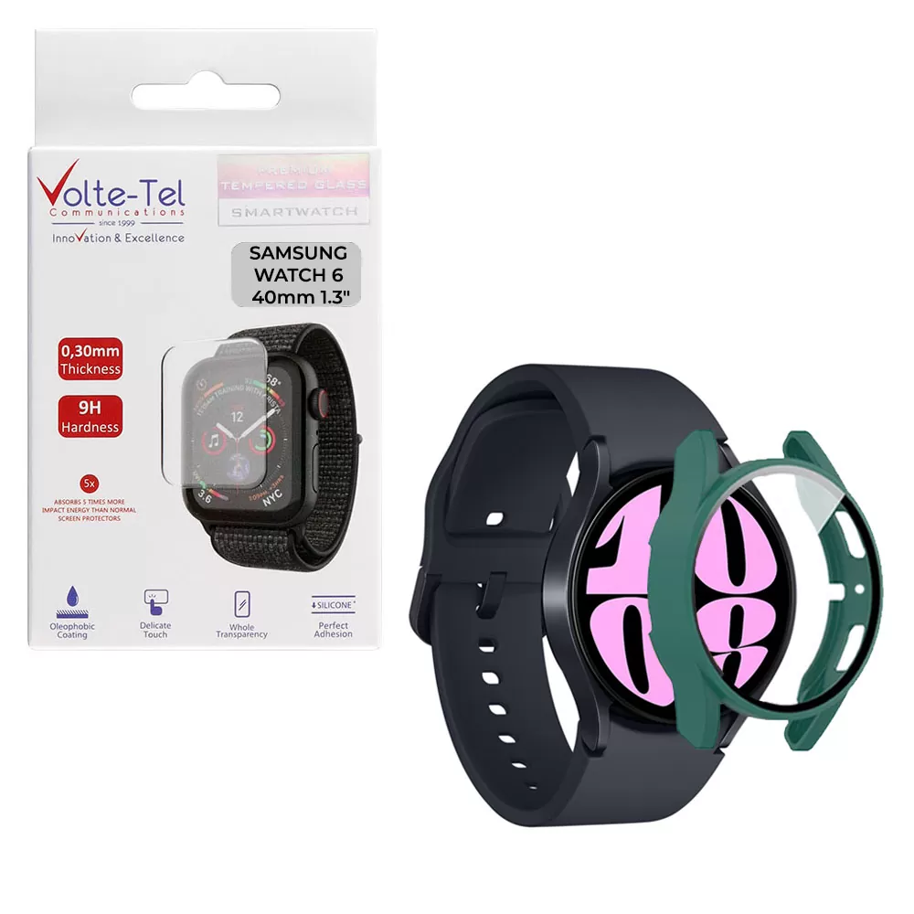 matshop.gr - VOLTE-TEL TEMPERED GLASS SAMSUNG WATCH 6 40mm 1.3" 9H 0.30mm PC EDGE COVER WITH KEY 3D FULL GLUE FULL COVER GREEN