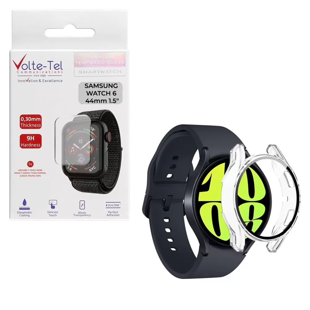 matshop.gr - VOLTE-TEL TEMPERED GLASS SAMSUNG WATCH 6 44mm 1.5" 9H 0.30mm PC EDGE COVER WITH KEY 3D FULL GLUE FULL COVER TRANSPARENT