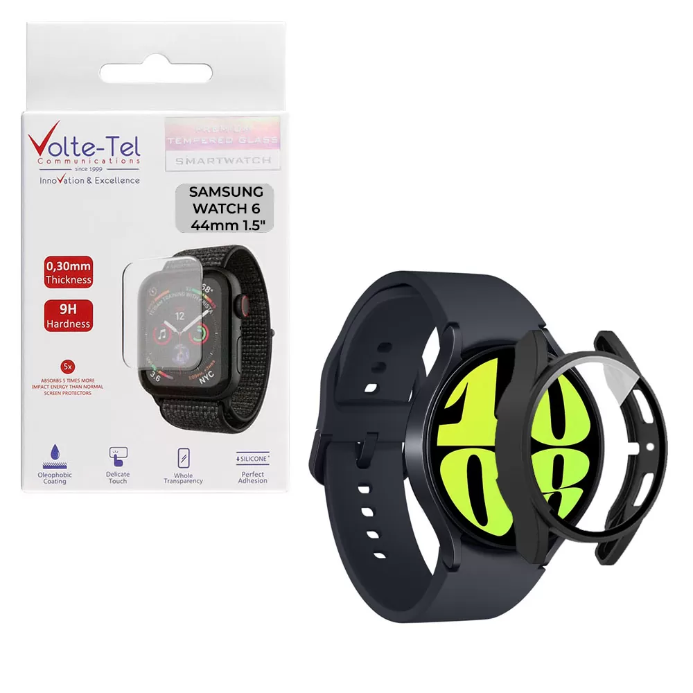 matshop.gr - VOLTE-TEL TEMPERED GLASS SAMSUNG WATCH 6 44mm 1.5" 9H 0.30mm PC EDGE COVER WITH KEY 3D FULL GLUE FULL COVER BLACK