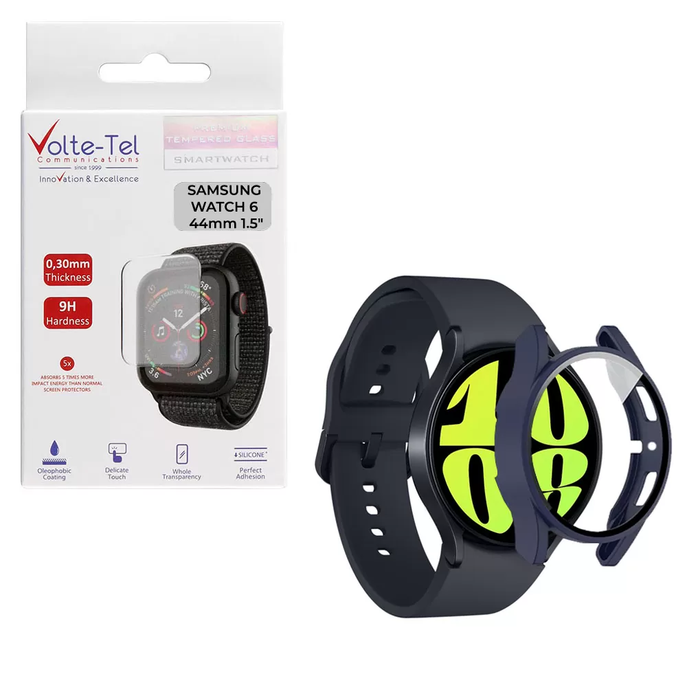 matshop.gr - VOLTE-TEL TEMPERED GLASS SAMSUNG WATCH 6 44mm 1.5" 9H 0.30mm PC EDGE COVER WITH KEY 3D FULL GLUE FULL COVER BLUE