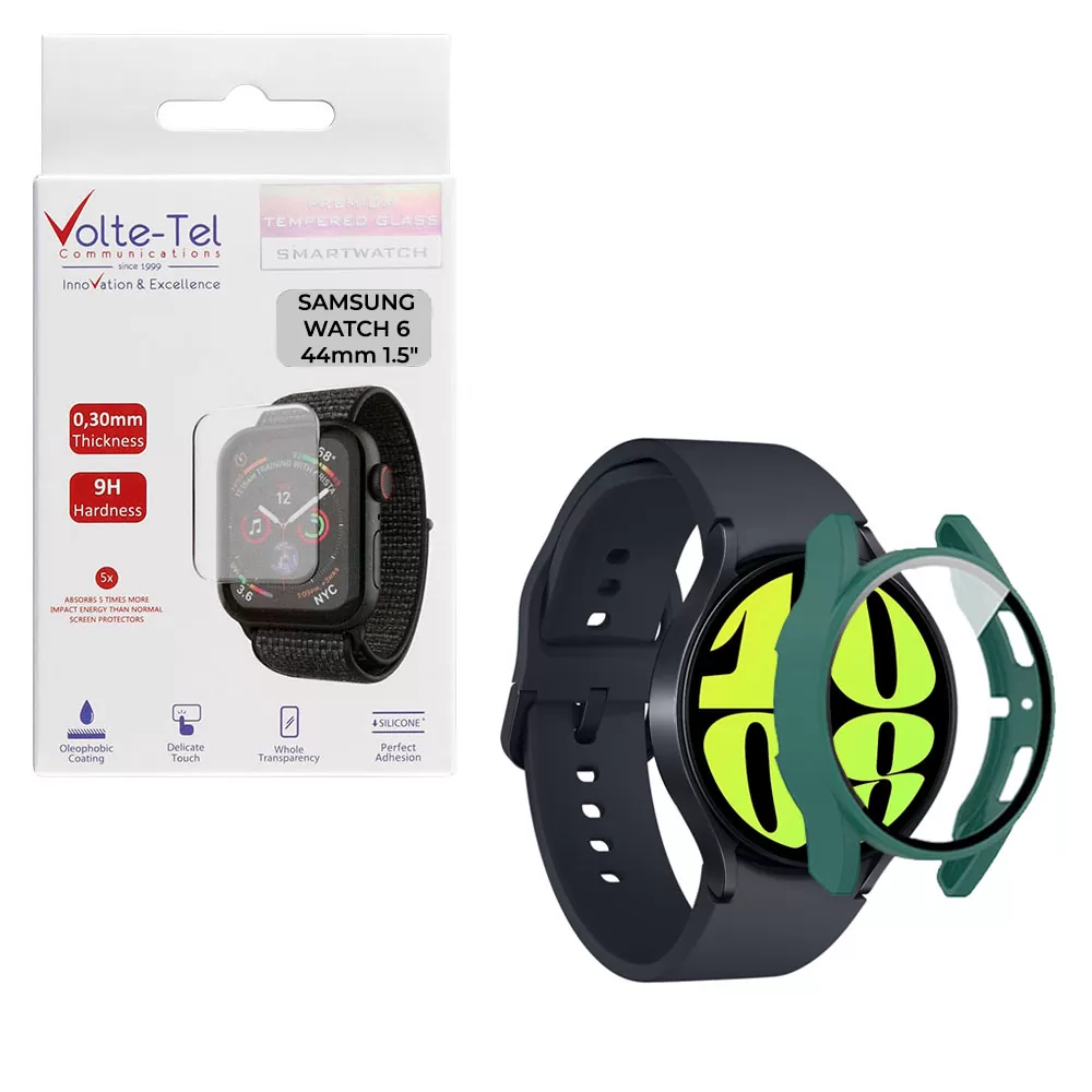 matshop.gr - VOLTE-TEL TEMPERED GLASS SAMSUNG WATCH 6 44mm 1.5" 9H 0.30mm PC EDGE COVER WITH KEY 3D FULL GLUE FULL COVER GREEN