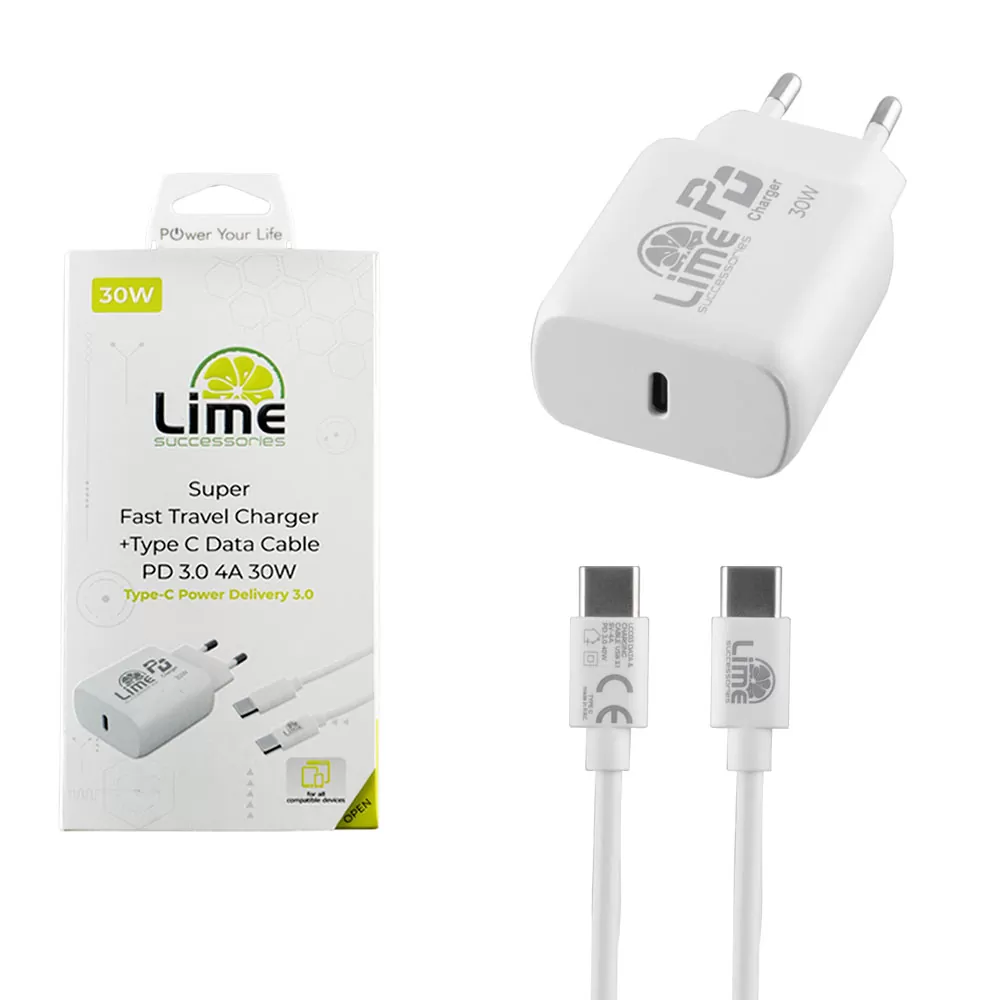 matshop.gr - LIME TYPE C PD 3.0 SUPER FAST TRAVEL LTC30W 30W 4.0A + ΦΟΡΤΙΣΗΣ-DATA LCC03 TYPE C TO TYPE C 35W WHITE