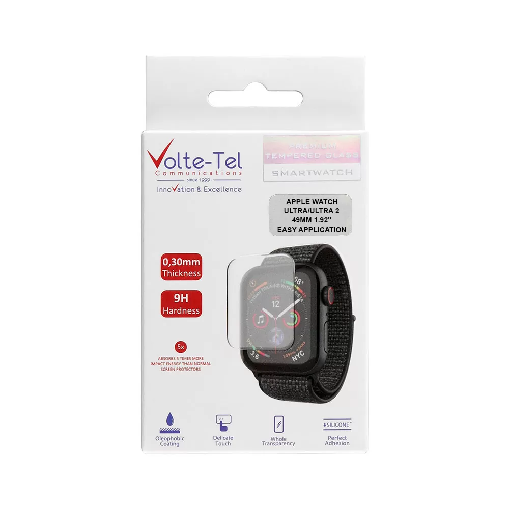 VOLTE-TEL TEMPERED GLASS APPLE WATCH ULTRA/ULTRA 2 49mm 1.92" 9H 0.30mm 2.5D EASY APPLICATION FULL GLUE FULL COVER BLACX