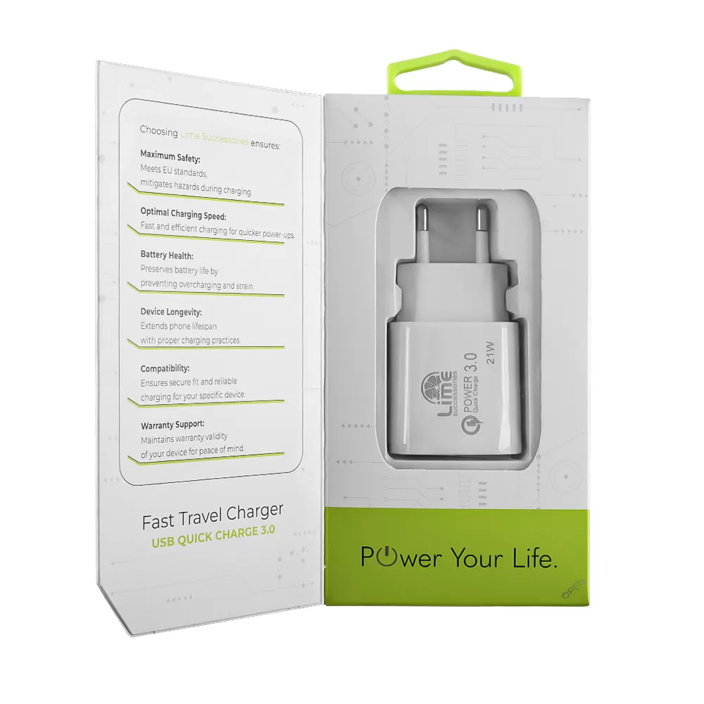 LIME USB 3.0 FAST TRAVEL CHARGER QC 3.0 LTU25 21W 4000mA WHITE