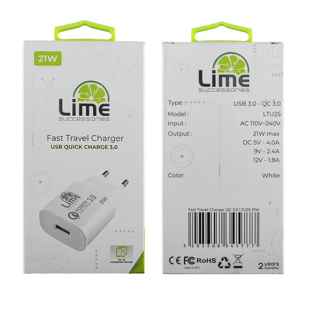 LIME USB 3.0 FAST TRAVEL CHARGER QC 3.0 LTU25 21W 4000mA WHITE