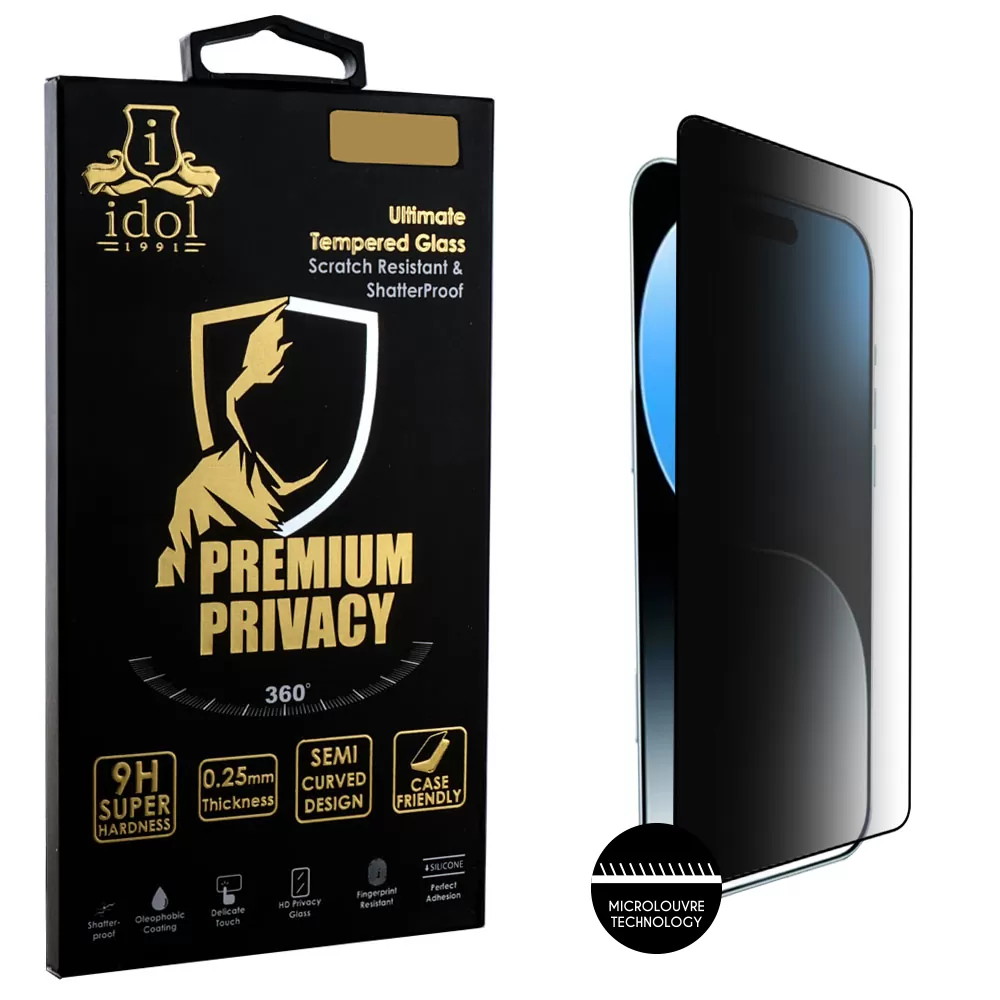 IDOL 1991 TEMPERED GLASS IPHONE 16 6.3" 9H 0.25mm PREMIUM PRIVACY ANTISPY SEMI CURVED FULL GLUE BLACK