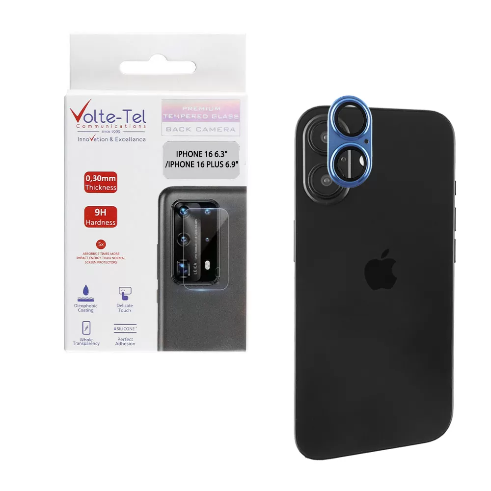 VOLTE-TEL CAMERA GLASS COVER IPHONE 16 6.3"/IPHONE 16 PLUS 6.9" 9H 0.30MM 3D AR ALUMINIUM-ELECTROPLATING FRAME BLUE