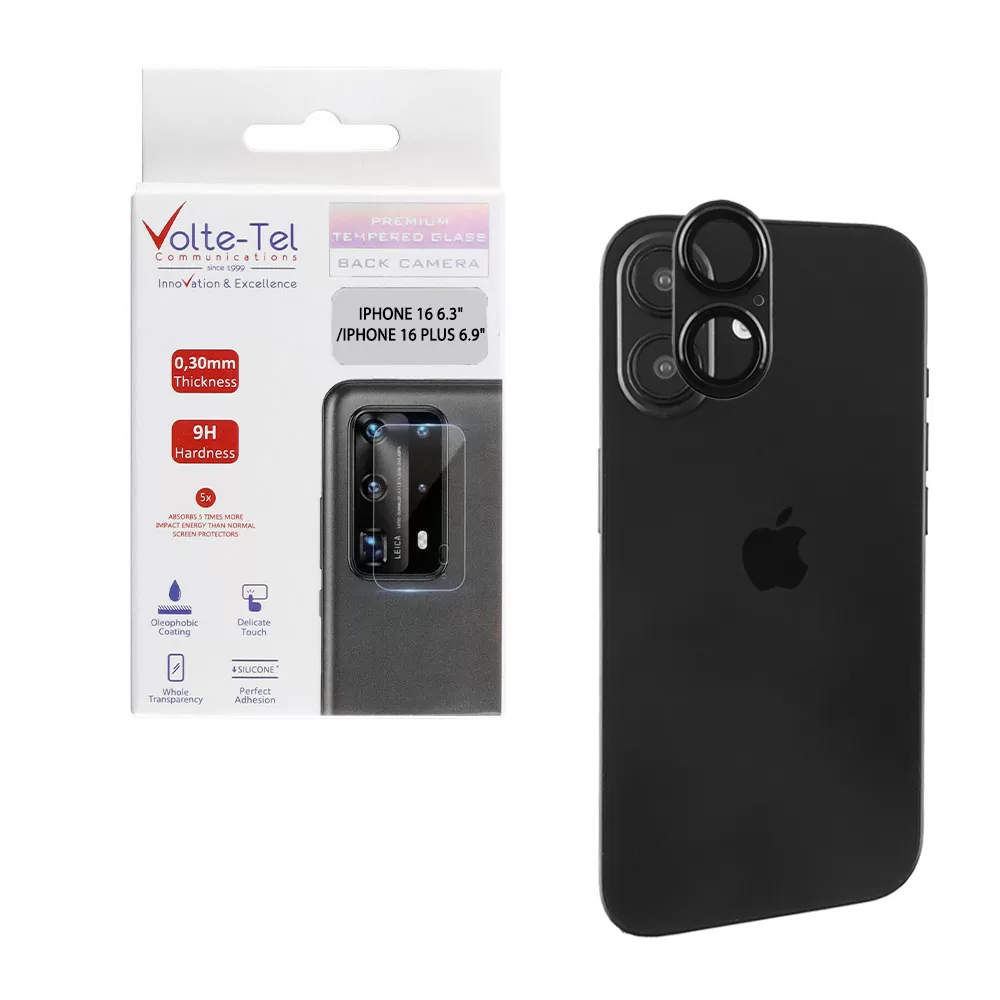 VOLTE-TEL CAMERA GLASS COVER IPHONE 16 6.3"/IPHONE 16 PLUS 6.9" 9H 0.30MM 3D AR ALUMINIUM-ELECTROPLATING FRAME BLACK