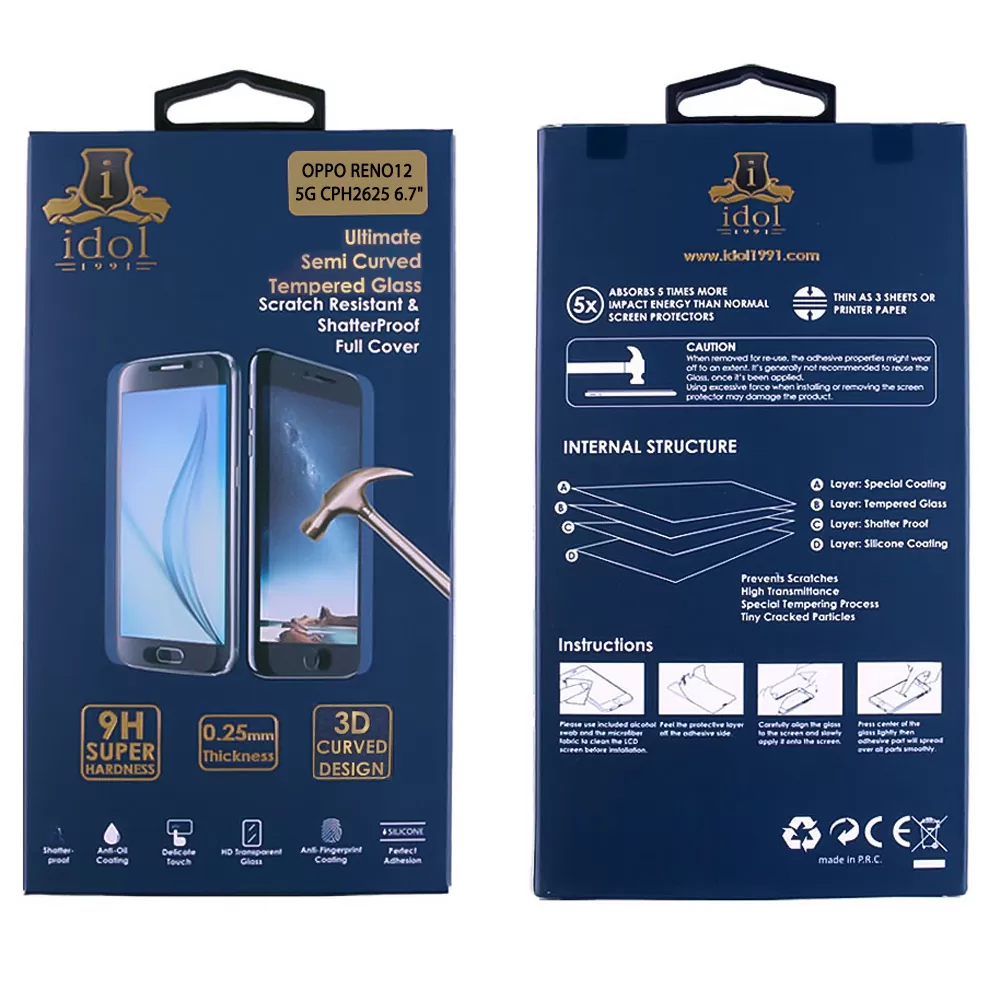 IDOL 1991 TEMPERED GLASS OPPO RENO12 5G CPH2625 6.7" 9H 0.25mm 3D FULL GLUE SEMI CURVED FINGER UNLOCK BLACK + SQUEEZY CARD