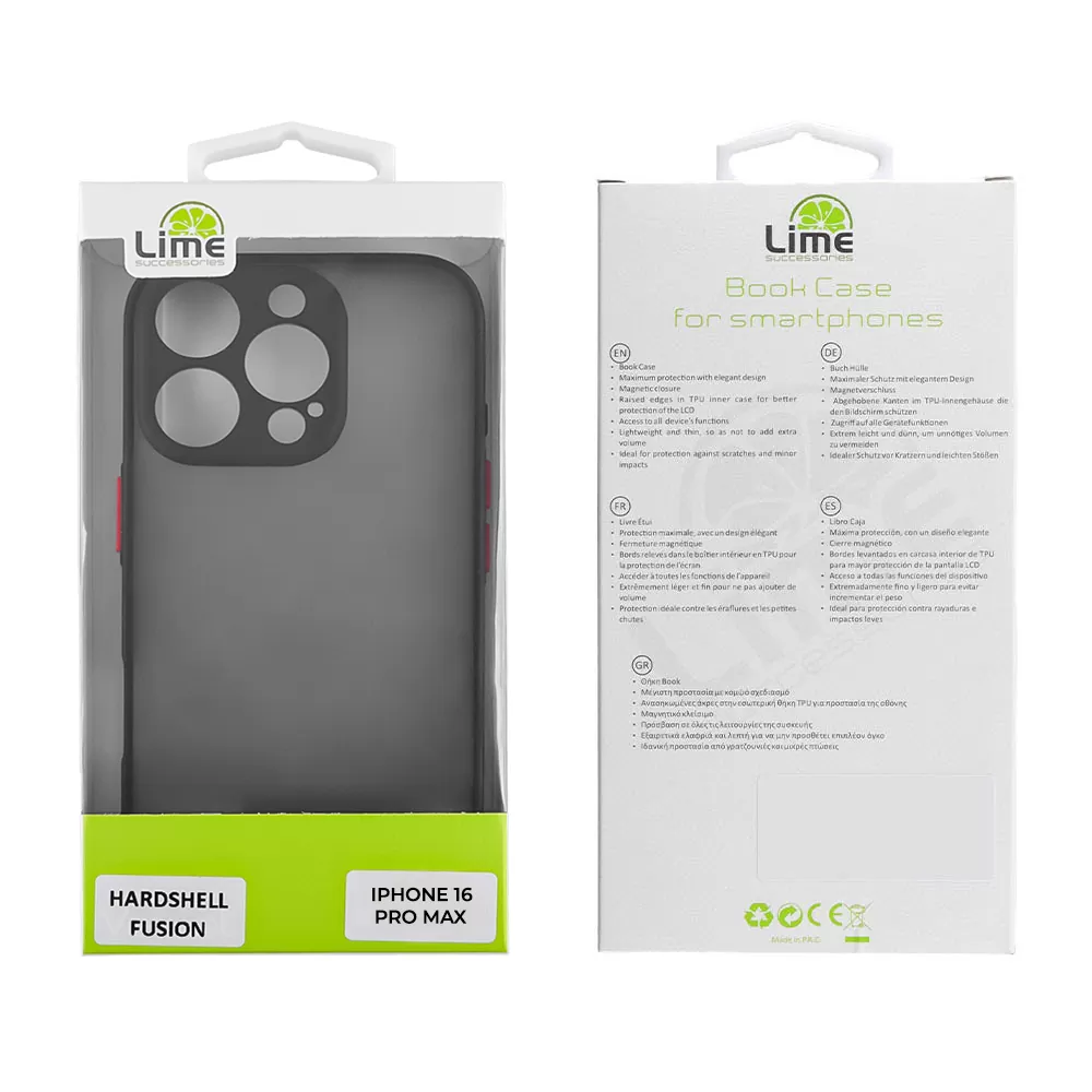 LIME ΘΗΚΗ IPHONE 16 PRO MAX 6.9" HARDSHELL FUSION FULL CAMERA PROTECTION BLACK WITH RED KEYS