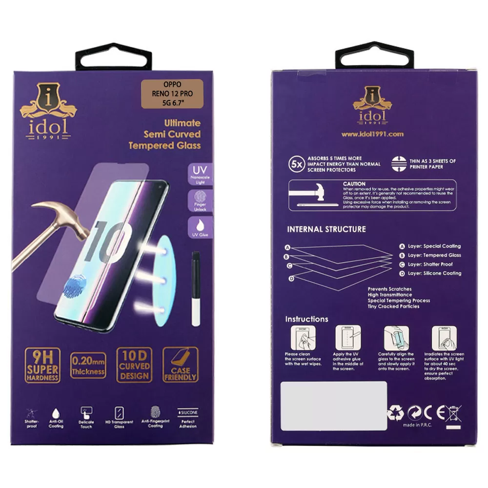 IDOL 1991 TEMPERED UV GLASS OPPO RENO 12 PRO 5G 6.7" 9H 0.20mm 10D SEMI WITH GLUE-TOOL FINGER UNLOCK FULL COVER TRANSPARENT