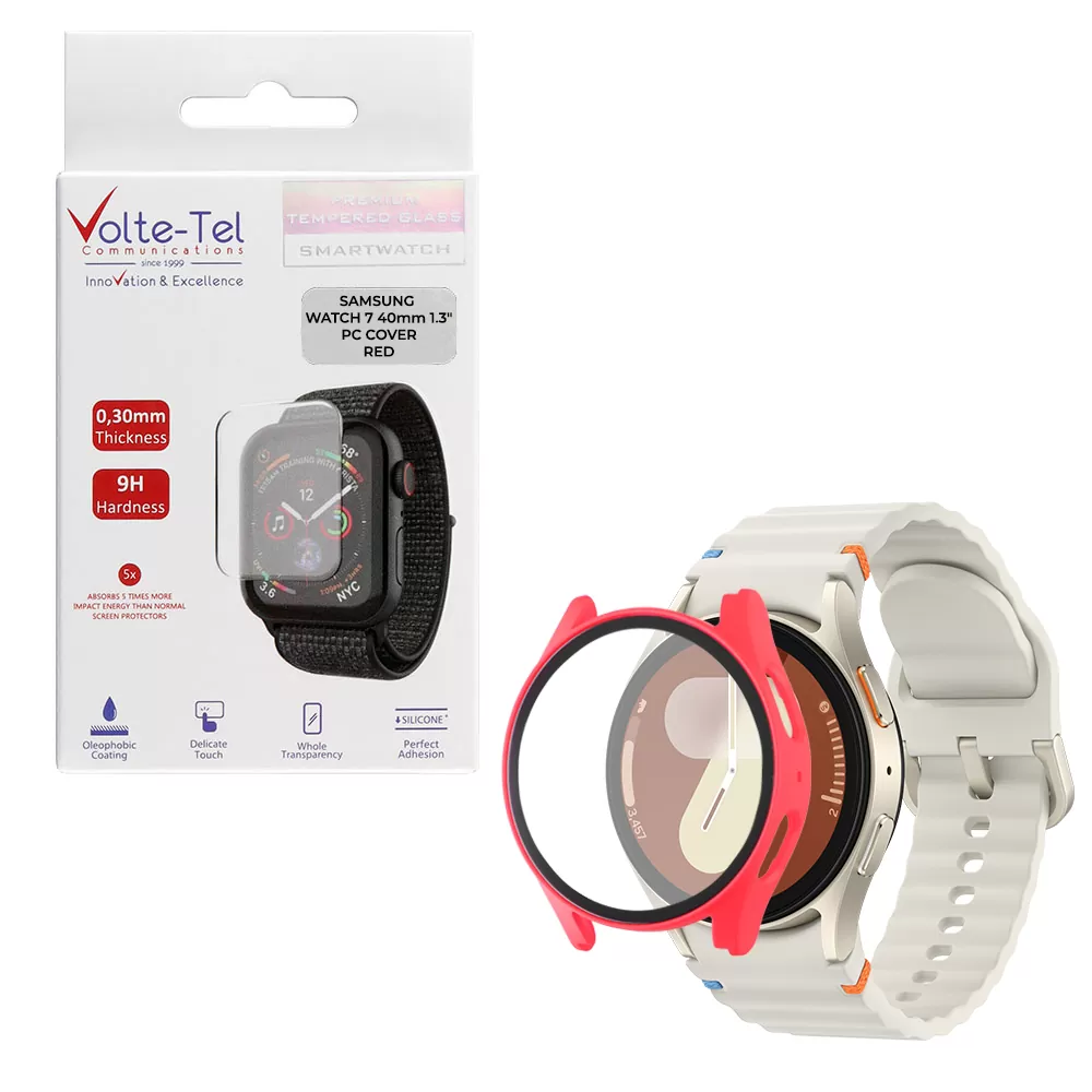 VOLTE-TEL TEMPERED GLASS SAMSUNG WATCH 7 40mm 1.3" 9H 0.30mm PC EDGE COVER WITH KEY 3D FULL GLUE FULL COVER RED