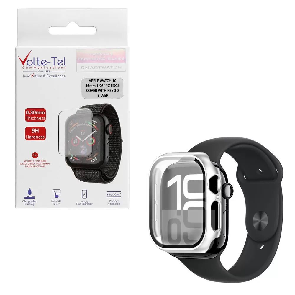 VOLTE-TEL TEMPERED GLASS APPLE WATCH 10 46mm 1.96" 9H 0.30mm PC EDGE COVER WITH KEY 3D FULL GLUE FULL COVER SILVER