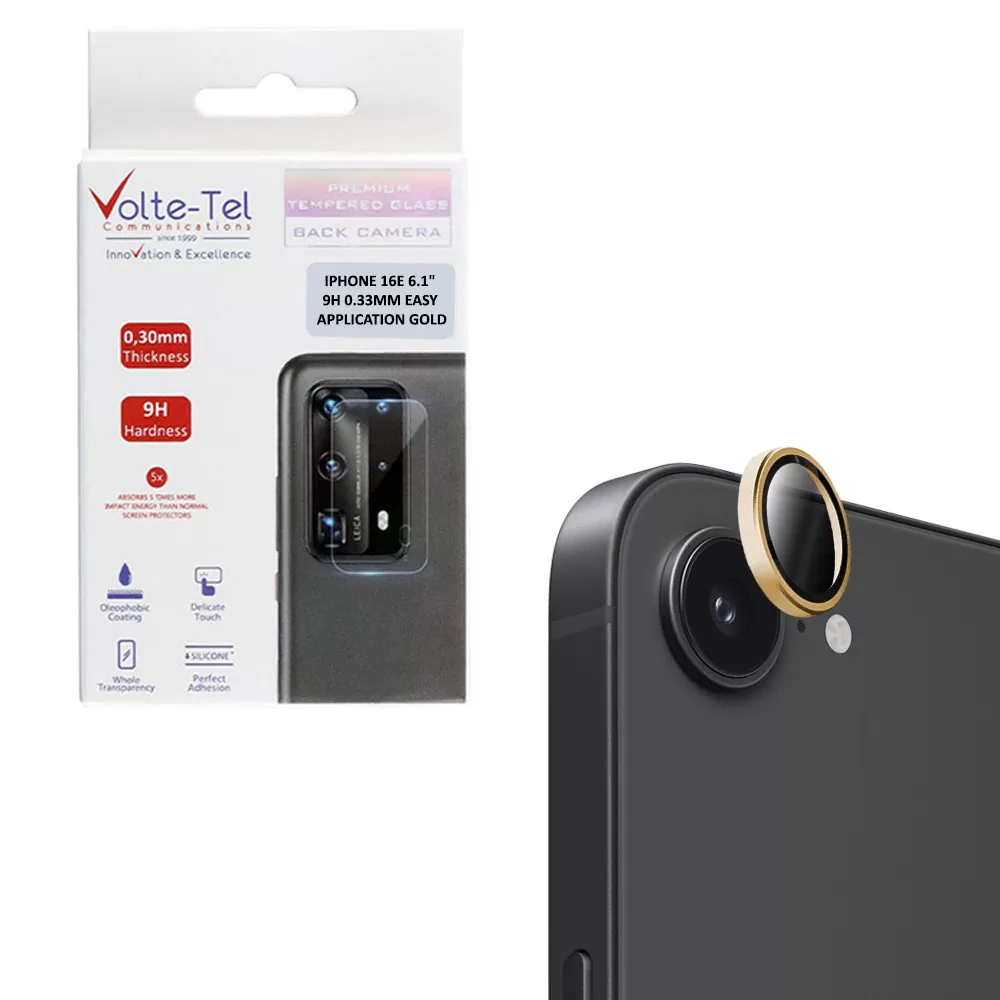 VOLTE-TEL CAMERA GLASS COVER IPHONE 16E/ IPHONE 17E 6.1in 9H 0.33MM EASY APPLICATION GOLD