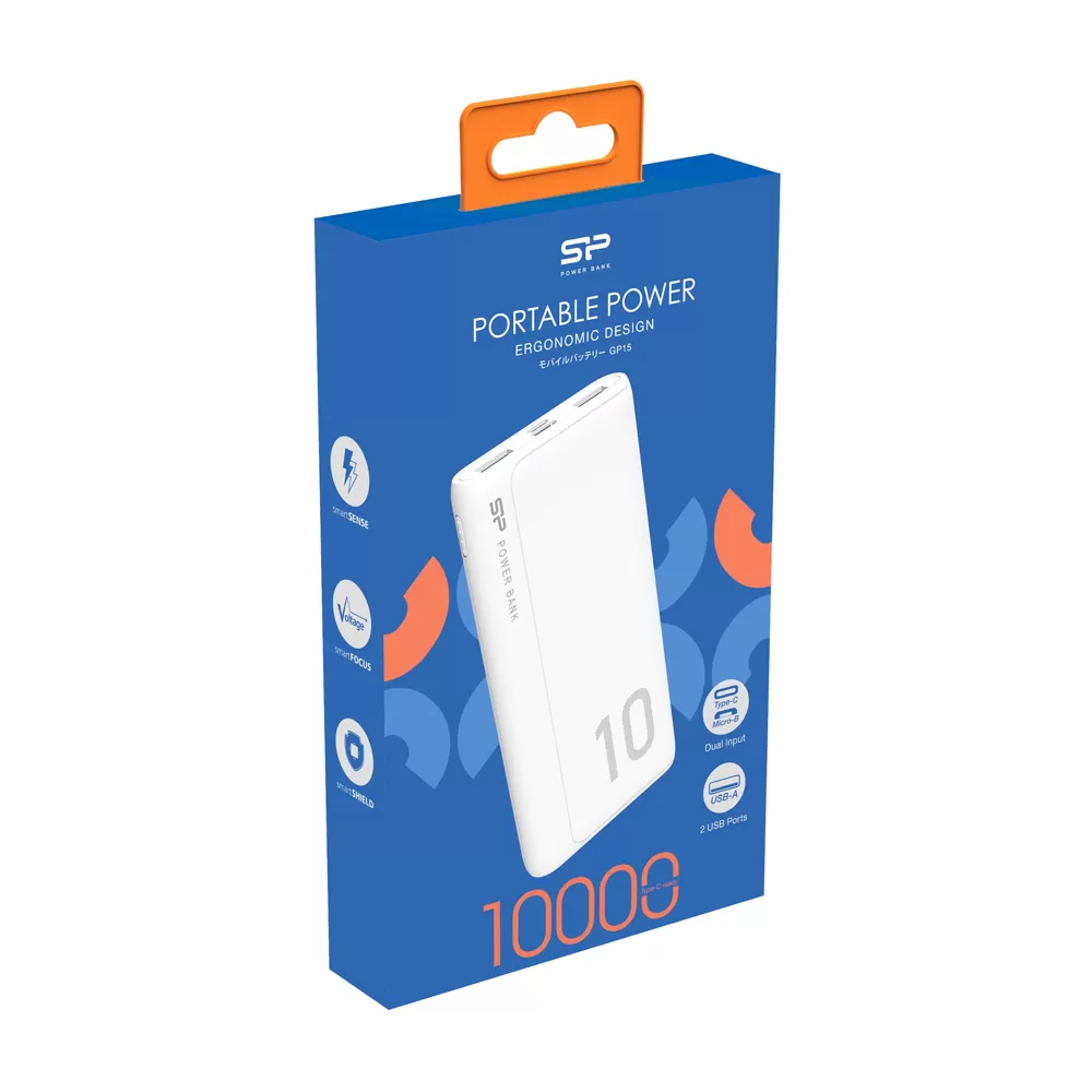 SILICON POWER POWER BANK GP15 10000mAh OUTPUT USB1 5V-2.1A/ USB2 5V-2.1A MAX 2.1A INPUT MICRO USB & TYPE C 5V-2A WHITE - Image 2