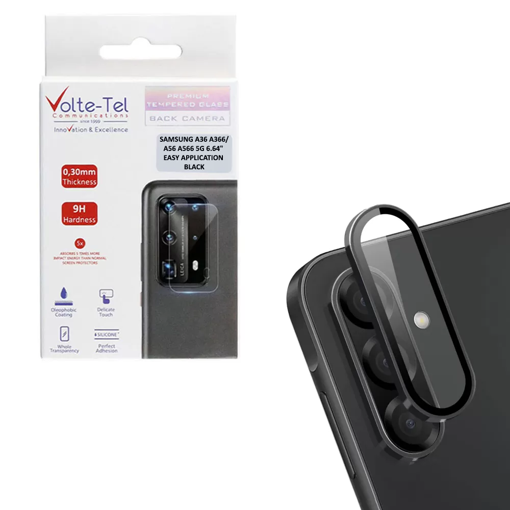 VOLTE-TEL CAMERA GLASS COVER SAMSUNG A26 A266/A36 A366/A56 5G A566 6.7in 9H 0.33MM EASY APPLICATION BLACK