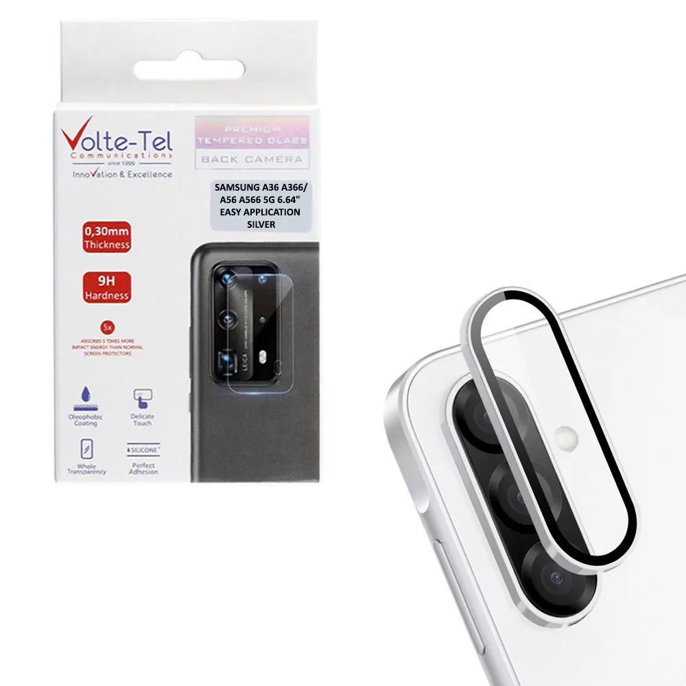 VOLTE-TEL CAMERA GLASS COVER SAMSUNG A26 A266/A36 A366/A56 5G A566 6.7in 9H 0.33MM EASY APPLICATION SILVER