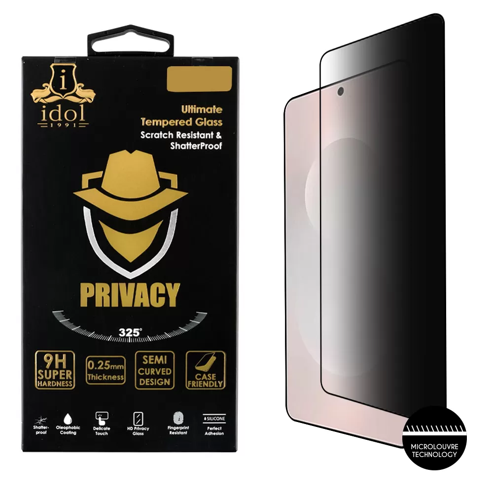 IDOL 1991 PRIVACY ANTISPY TEMPERED GLASS SAMSUNG S25 EDGE 5G 6.66in 9H 0.20mm SEMI CURVED FULL GLUE ULTRA THIN BLACK
