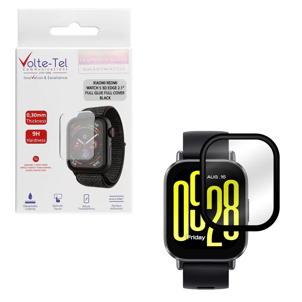 VOLTE-TEL PLEXI TEMPERED GLASS XIAOMI REDMI WATCH 5 2.1in 3D EDGE 0.30mm FULL GLUE FULL COVER BLACK