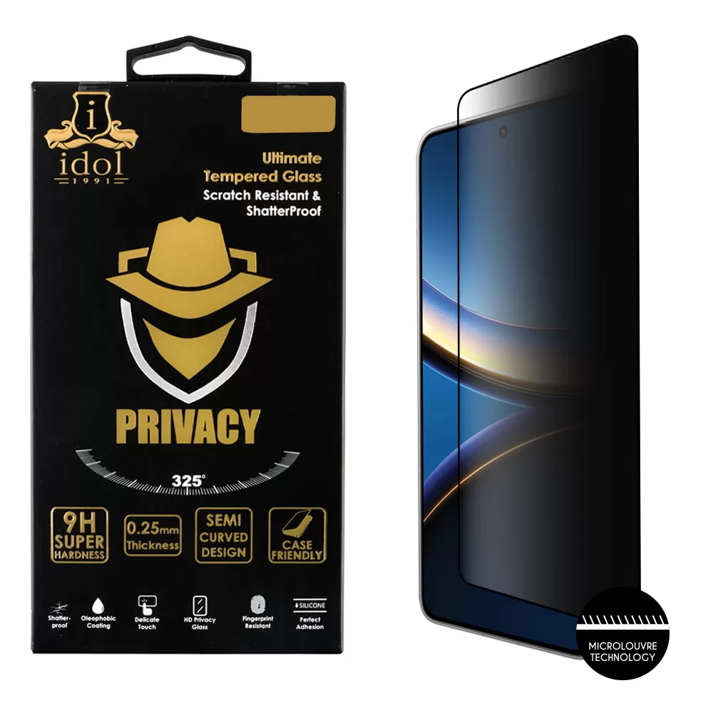 IDOL 1991 PRIVACY ANTISPY TEMPERED GLASS XIAOMI POCO F7 PRO 6.67in 9H 0.25mm SEMI CURVED FULL GLUE BLACK