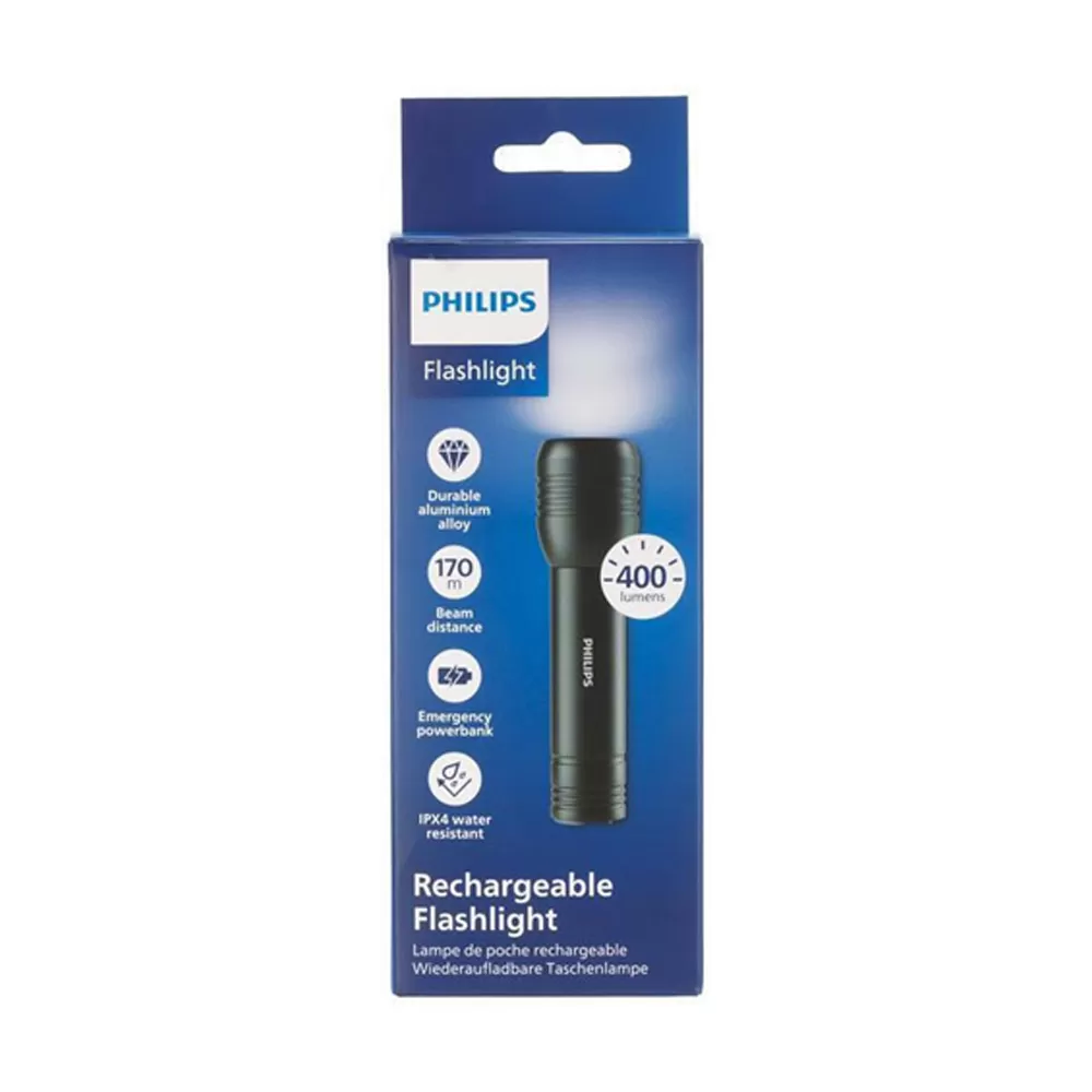 PHILIPS 2 ΣΕ 1 ΦΑΚΟΣ ΧΕΙΡΟΣ ΕΠΑΝΑΦΟΡΤΙΖΟΜΕΝΟΣ ΑΔΙΑΒΡΟΧΟΣ IPX4 ΜΕ 400 LUMENS ΚΑΙ POWER BANK 1200mAh SFL7003R/GRS ΜΑΥΡΟΣ - Image 4