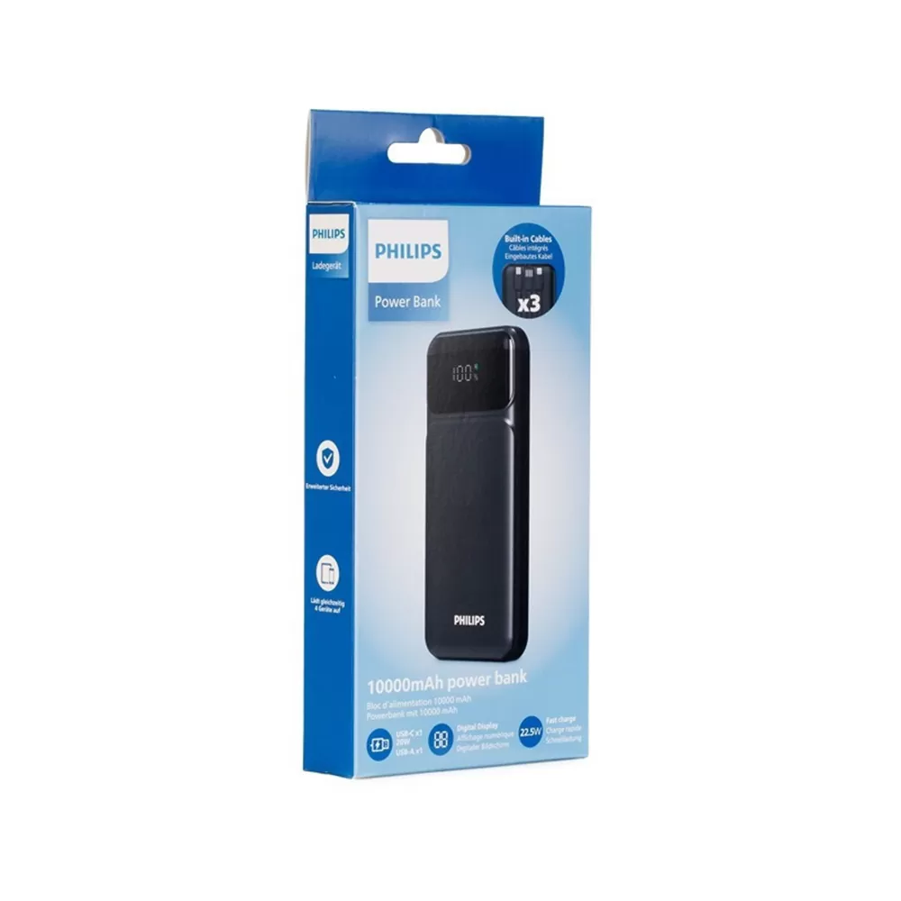 PHILIPS POWER POWER BANK DLP1922CB 10000mAh OUTPUT USB-C 5V-3A/USB-A 5V-2A ΜΕ ΕΝΣΩΜΑΤΩΜΕΝΑ ΚΑΛΩΔΙΑ USB-C,USB-A & LIGHTNING BLACK - Image 2