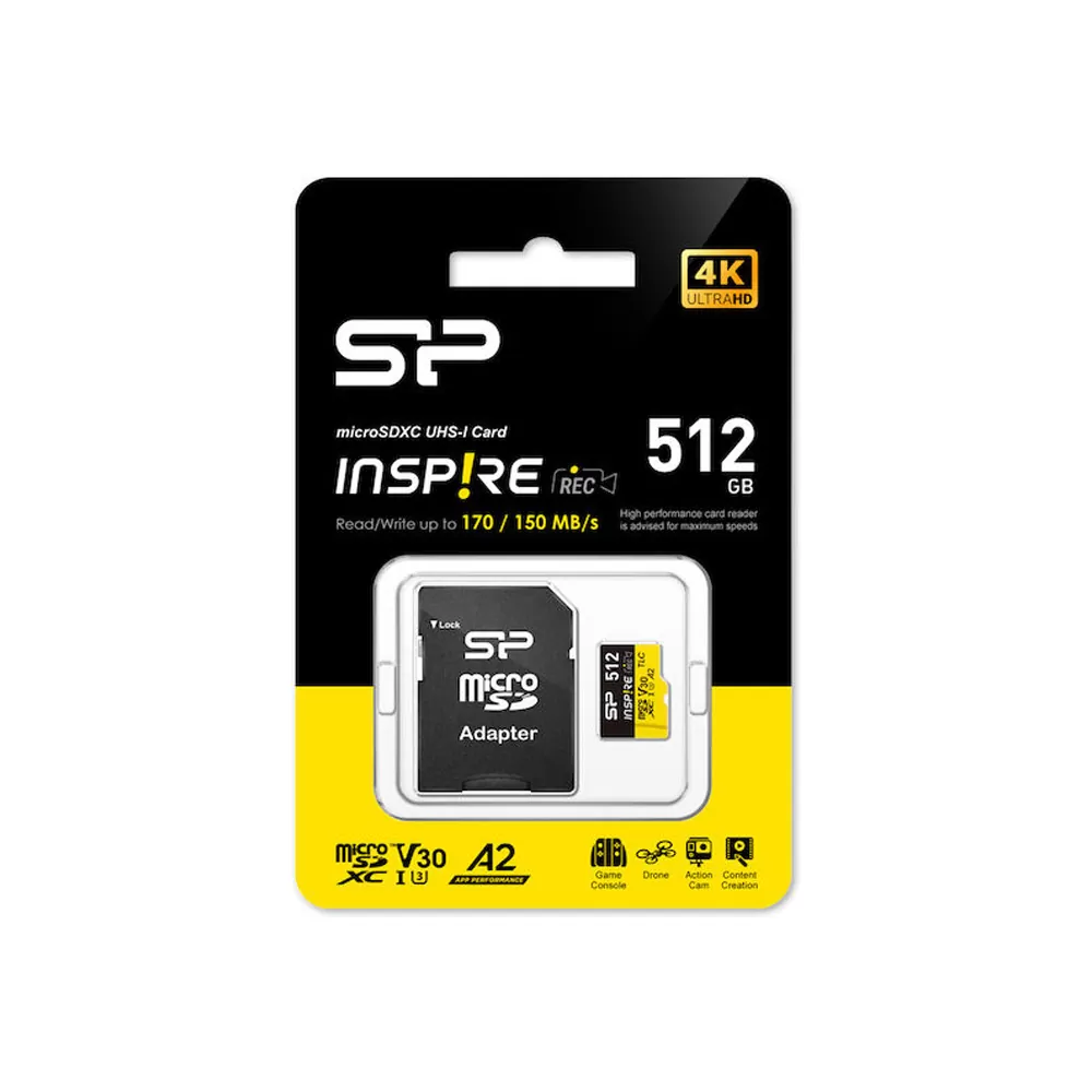 SILICON POWER micro SDXC 512GB CLASS 10 UHS-I U3 A2 V30 INSPIRE DDR200/WA R170/W150 MB/S + SD ADAPTOR SP512GBSTXLA2V1NSP - Image 2