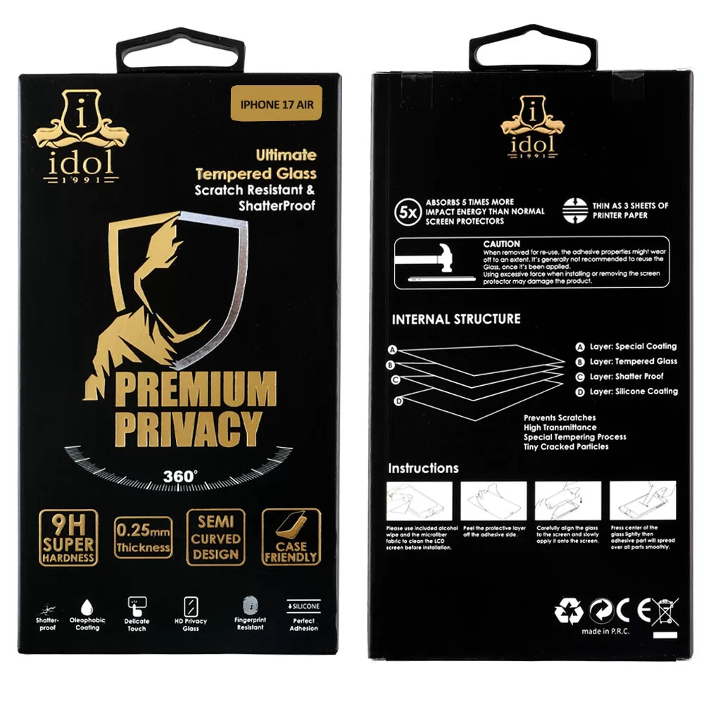 IDOL 1991 PREMIUM PRIVACY ANTISPY TEMPERED GLASS IPHONE 17 AIR 6.5in 9H 0.25mm SEMI CURVED FULL GLUE BLACK - Image 2