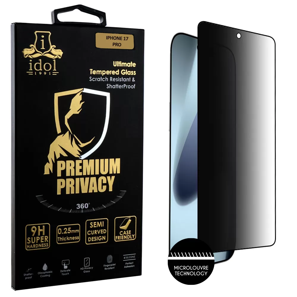 IDOL 1991 PREMIUM PRIVACY ANTISPY TEMPERED GLASS IPHONE 17 PRO 6.3in 9H 0.25mm SEMI CURVED FULL GLUE BLACK