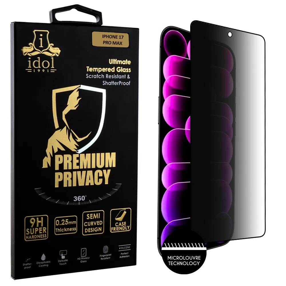 IDOL 1991 PREMIUM PRIVACY ANTISPY TEMPERED GLASS IPHONE 17 PRO MAX 6.9in 9H 0.25mm SEMI CURVED FULL GLUE BLACK