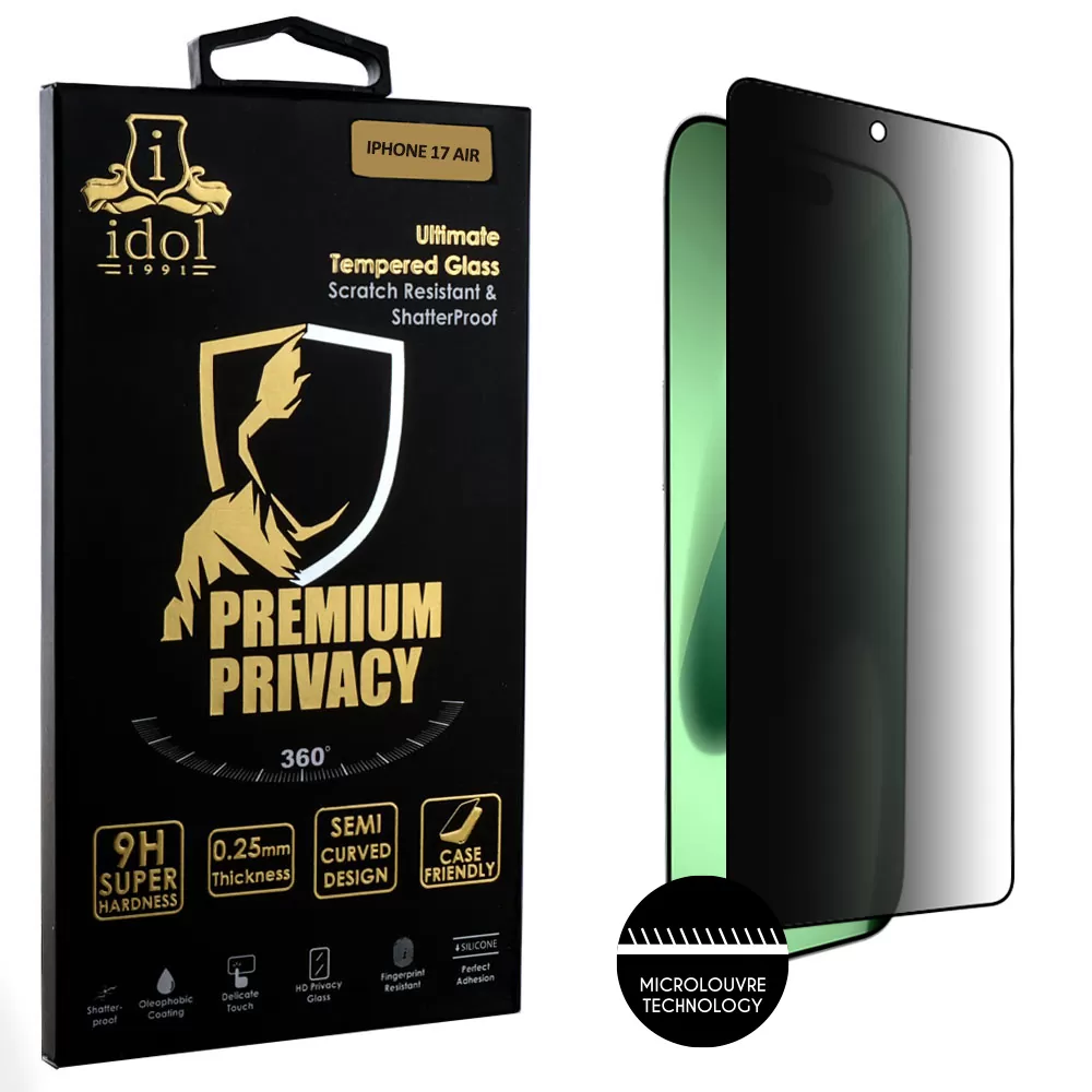 IDOL 1991 PREMIUM PRIVACY ANTISPY TEMPERED GLASS IPHONE 17 AIR 6.5in 9H 0.25mm SEMI CURVED FULL GLUE BLACK