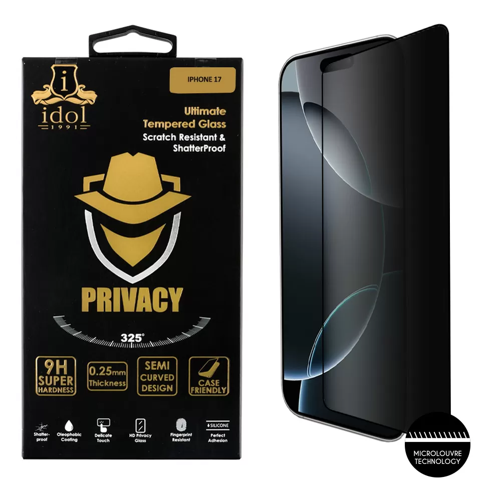IDOL 1991 PRIVACY ANTISPY TEMPERED GLASS IPHONE 17 6.3in 9H 0.25mm SEMI CURVED FULL GLUE BLACK