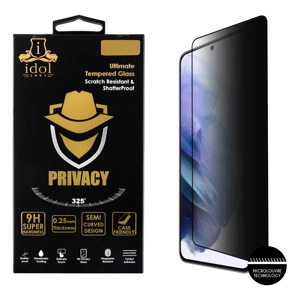 IDOL 1991 PRIVACY ANTISPY TEMPERED GLASS SAMSUNG S21 5G G991 6.2in 9H 0.25mm SEMI CURVED FULL GLUE FINGER UNLOCK BLACK
