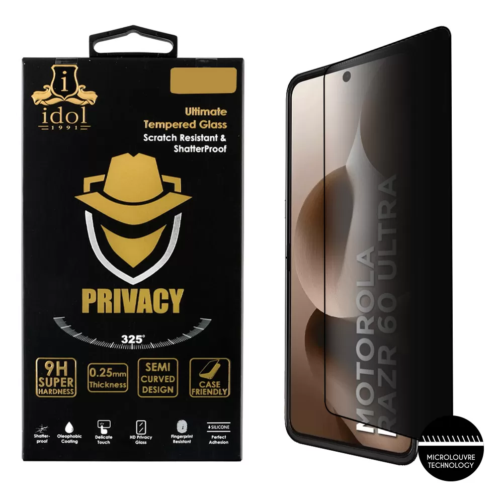 IDOL 1991 PRIVACY ANTISPY TEMPERED GLASS MOTOROLA MOTO RAZR 60 ULTRA 5G 7.0in 9H 0.25mm 3D SEMI CURVED EDGE GLUE BLACK