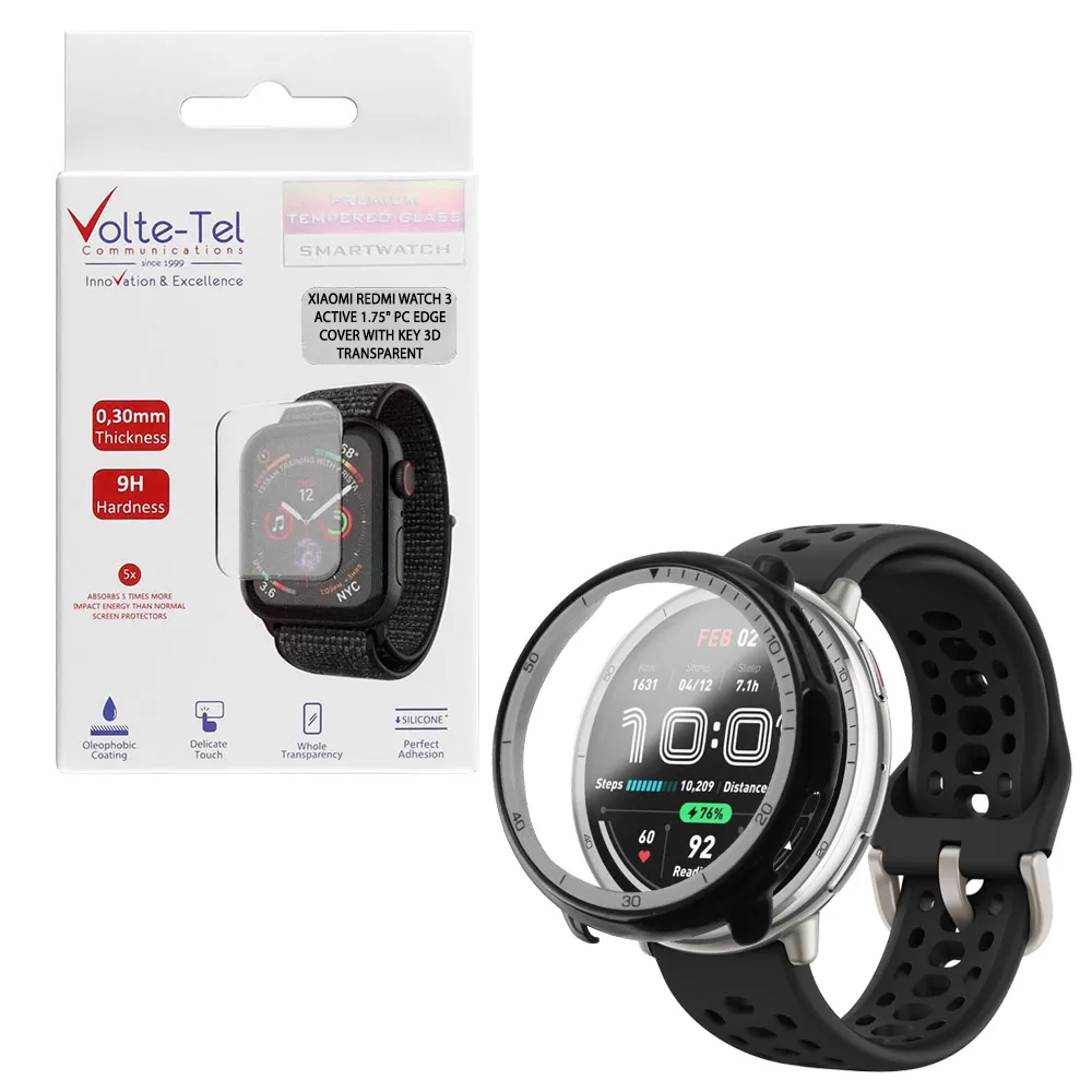 VOLTE-TEL PC EDGE COVER TEMPERED GLASS WATCH AMAZFIT ACTIVE 2 1.32in 9H 0.30mm WITH KEY 3D FULL GLUE FULL COVER BLACK