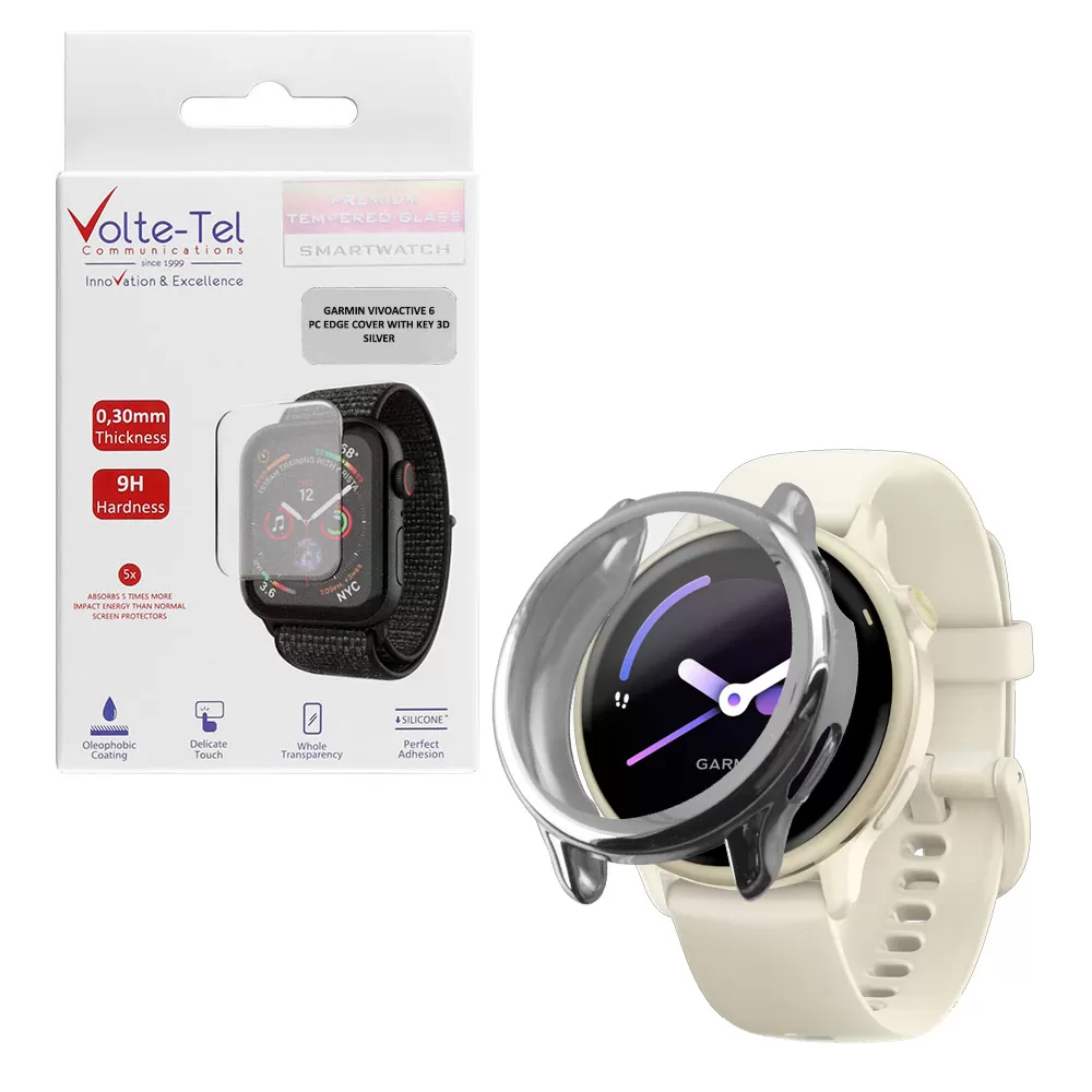 VOLTE-TEL TEMPERED GLASS GARMIN VIVOACTIVE 6 1.2in 9H 0.30mm EDGE COVER WITH KEY 3D FULL COVER SILVER