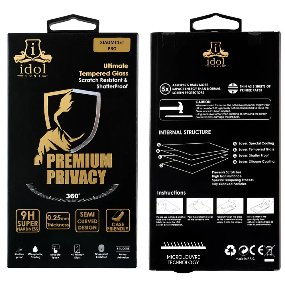IDOL 1991 PREMIUM PRIVACY ANTISPY TEMPERED GLASS XIAOMI 15T PRO 5G 6.83in 9H 0.25mm SEMI CURVED FULL GLUE BLACK - Image 2