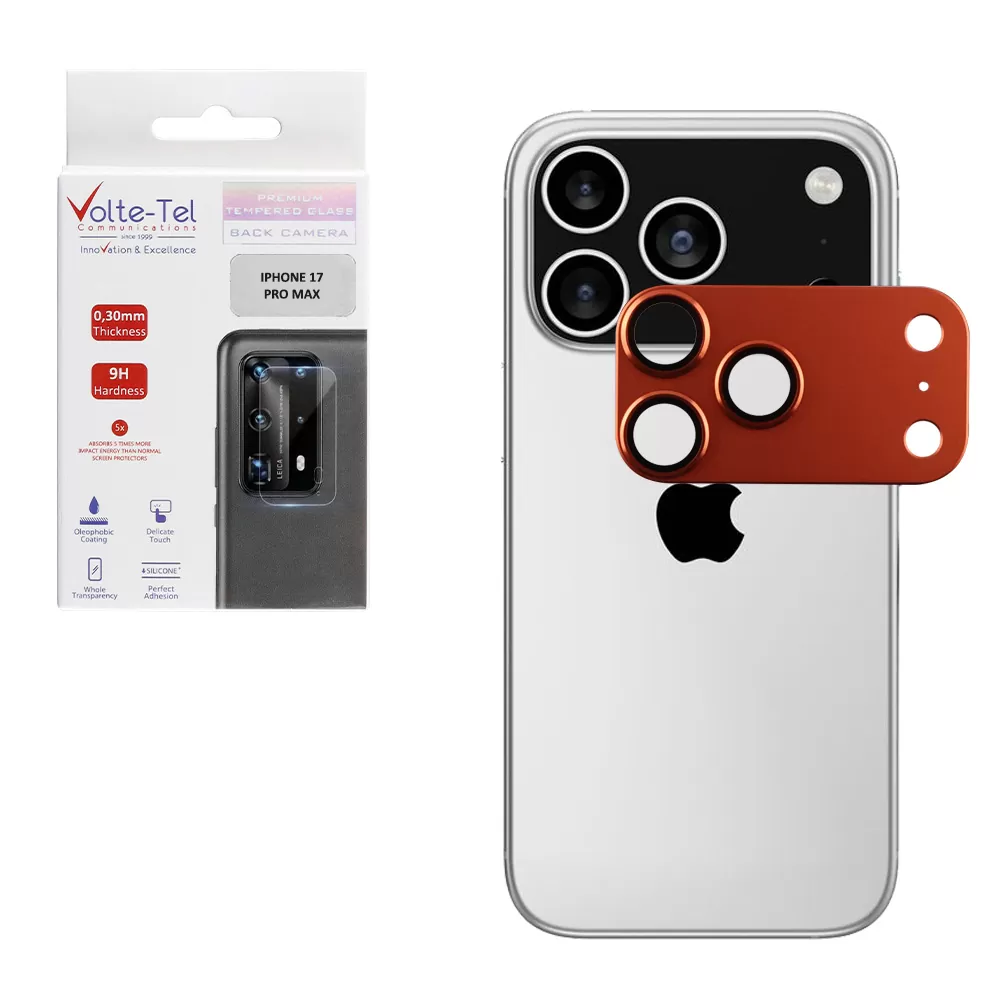 VOLTE-TEL CAMERA GLASS COVER IPHONE 17 PRO MAX 6.9in 9H 0.30MM 3D AR ALUMINIUM-ELECTROPLATING FRAME ORANGE