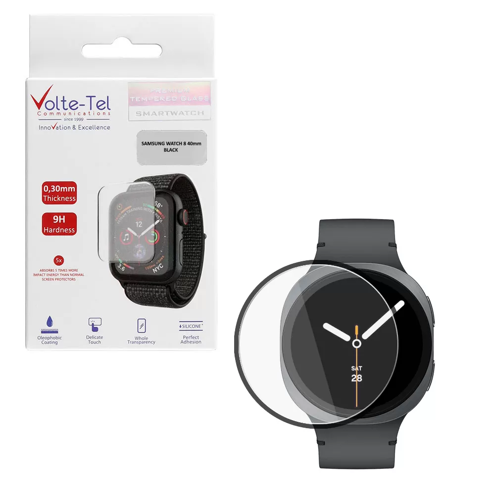 VOLTE-TEL PLEXI TEMPERED GLASS SAMSUNG WATCH 8 40mm 1.47in 0.30mm FULL GLUE FULL COVER BLACK