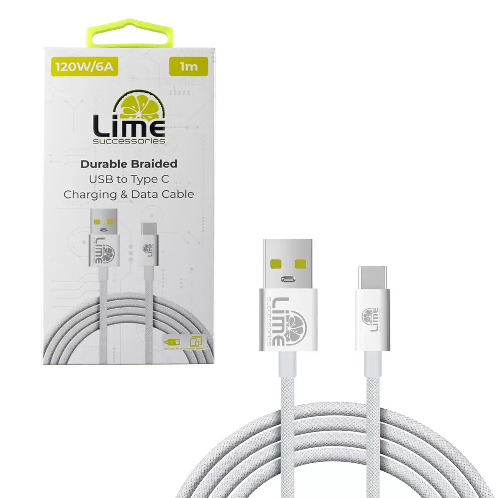 LIME USB-C TYPE C TO USB 6A ΦΟΡΤΙΣΗΣ-DATA DURABLE BRAIDED 1m LBUC01 120W WHITE
