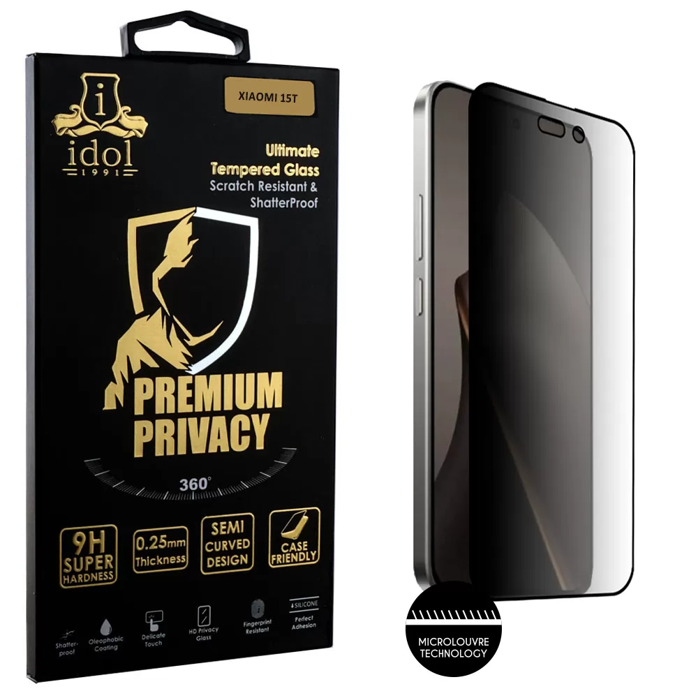 IDOL 1991 PREMIUM PRIVACY ANTISPY TEMPERED GLASS XIAOMI 15T 5G 6.83in 9H 0.25mm SEMI CURVED FULL GLUE BLACK