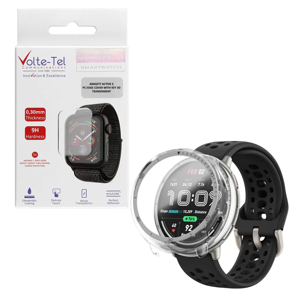 VOLTE-TEL PC EDGE COVER TEMPERED GLASS WATCH AMAZFIT ACTIVE 2 1.32in 9H 0.30mm WITH KEY 3D FULL GLUE FULL COVER TRANSPARENT