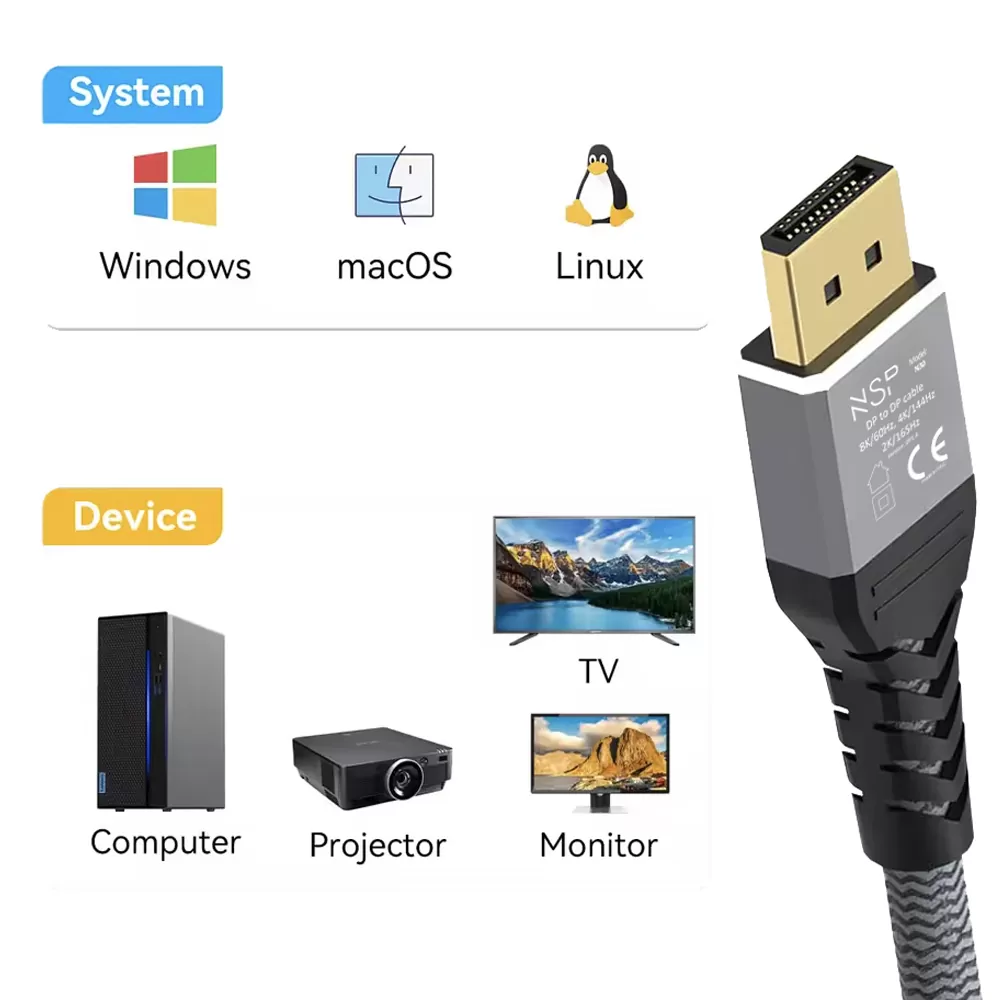 NSP N30 DISPLAY PORT CABLE TO DISPLAY PORT V1.4 8K/60HZ 4K/144HZ 2K/165HZ V.DP1.4 1.5m GREY - Image 9