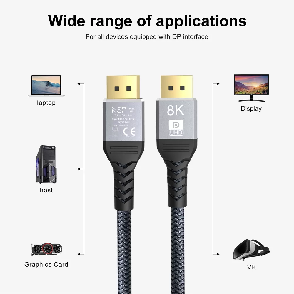 NSP N30 DISPLAY PORT CABLE TO DISPLAY PORT V1.4 8K/60HZ 4K/144HZ 2K/165HZ V.DP1.4 1.5m GREY - Image 7