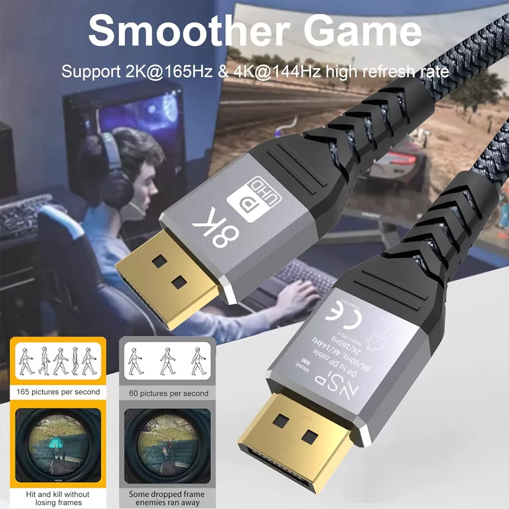 NSP N30 DISPLAY PORT CABLE TO DISPLAY PORT V1.4 8K/60HZ 4K/144HZ 2K/165HZ V.DP1.4 1.5m GREY - Image 4