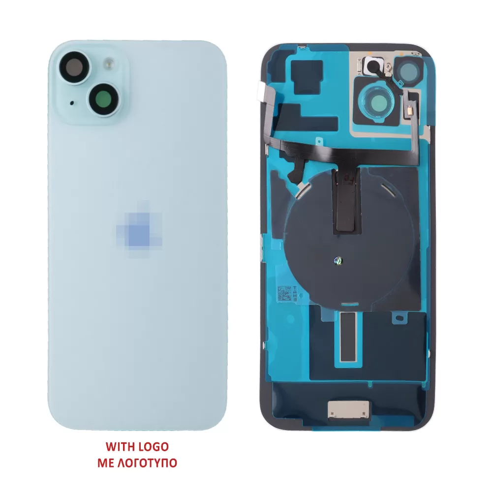 FOR IPHONE 15 BATTERY COVER + CAMERA LENS + METAL PLATE + FLASHLIGHT + CHARGING FLEX + NFC BLUE