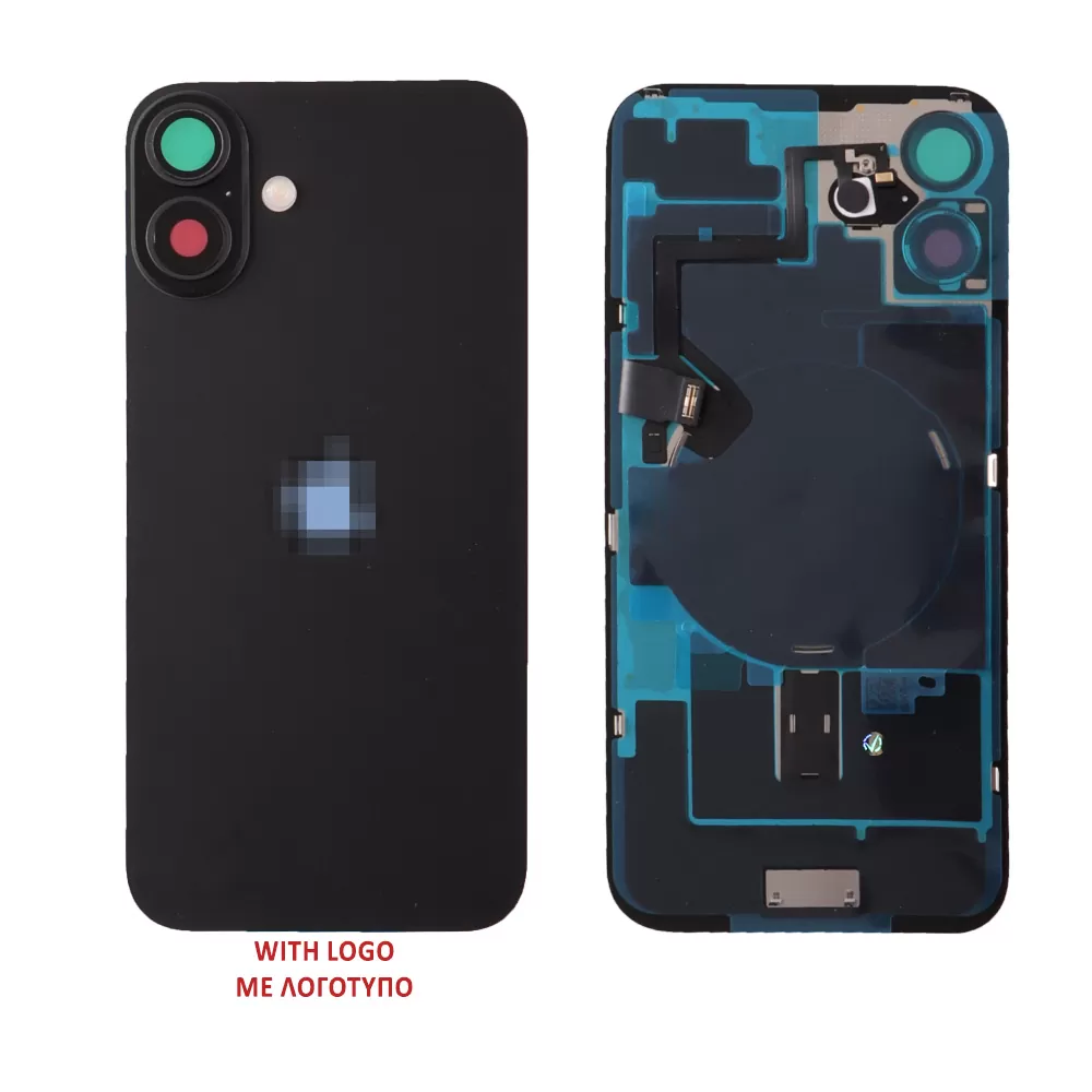 FOR IPHONE 16 BATTERY COVER + CAMERA LENS + METAL PLATE + FLASHLIGHT + CHARGING FLEX + NFC BLACK
