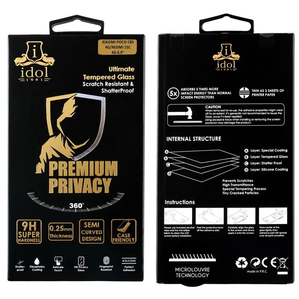 IDOL 1991 PREMIUM PRIVACY ANTISPY TEMPERED GLASS XIAOMI POCO C85 4G/REDMI 15C 4G 6.9in 9H 0.25mm SEMI CURVED FULL GLUE BLACK - Image 2