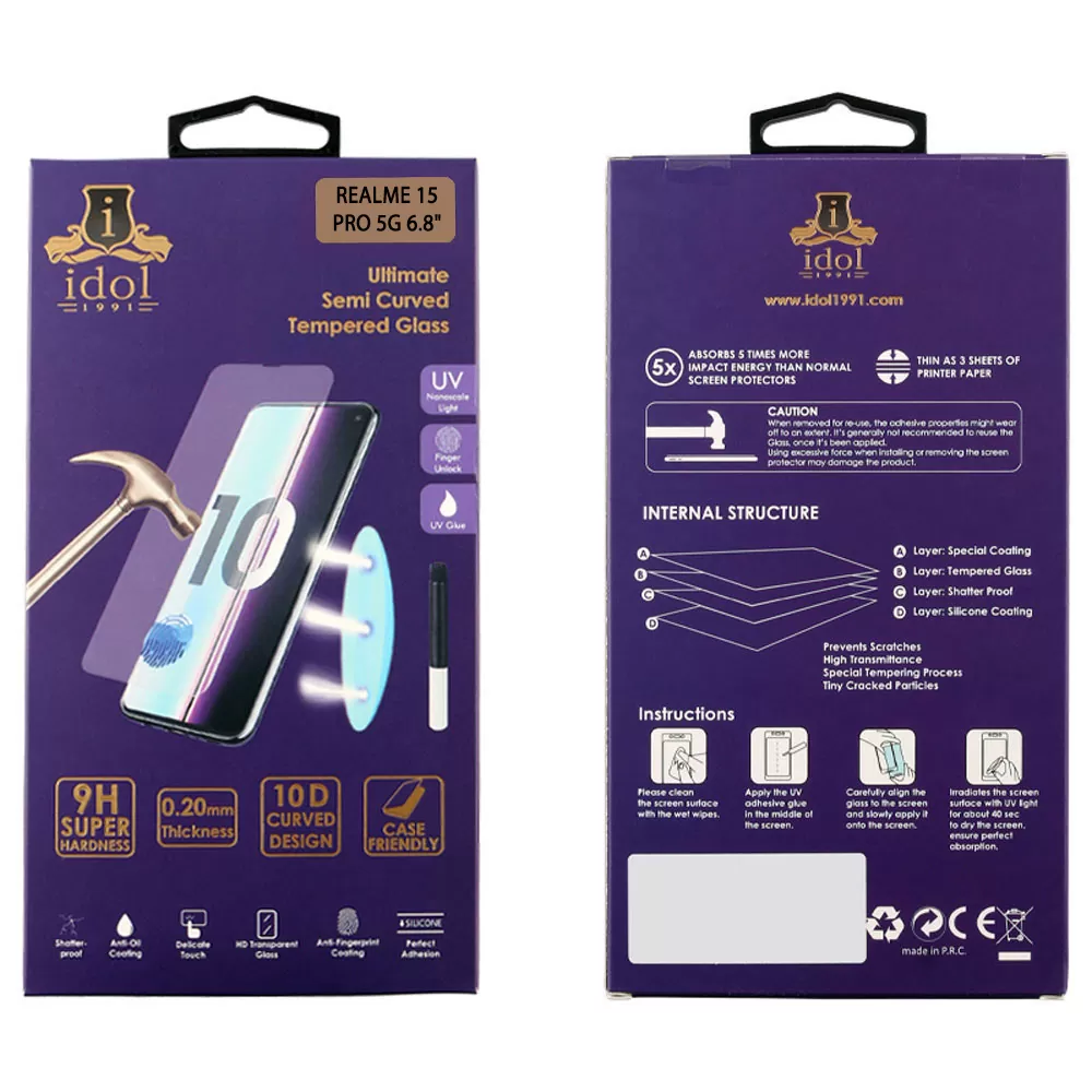 IDOL 1991 UV TEMPERED GLASS REALME 15 PRO 5G 6.8in 9H 0.20mm 10D SEMI WITH GLUE-TOOL FINGER UNLOCK FULL COVER TRANSPARENT - Image 2