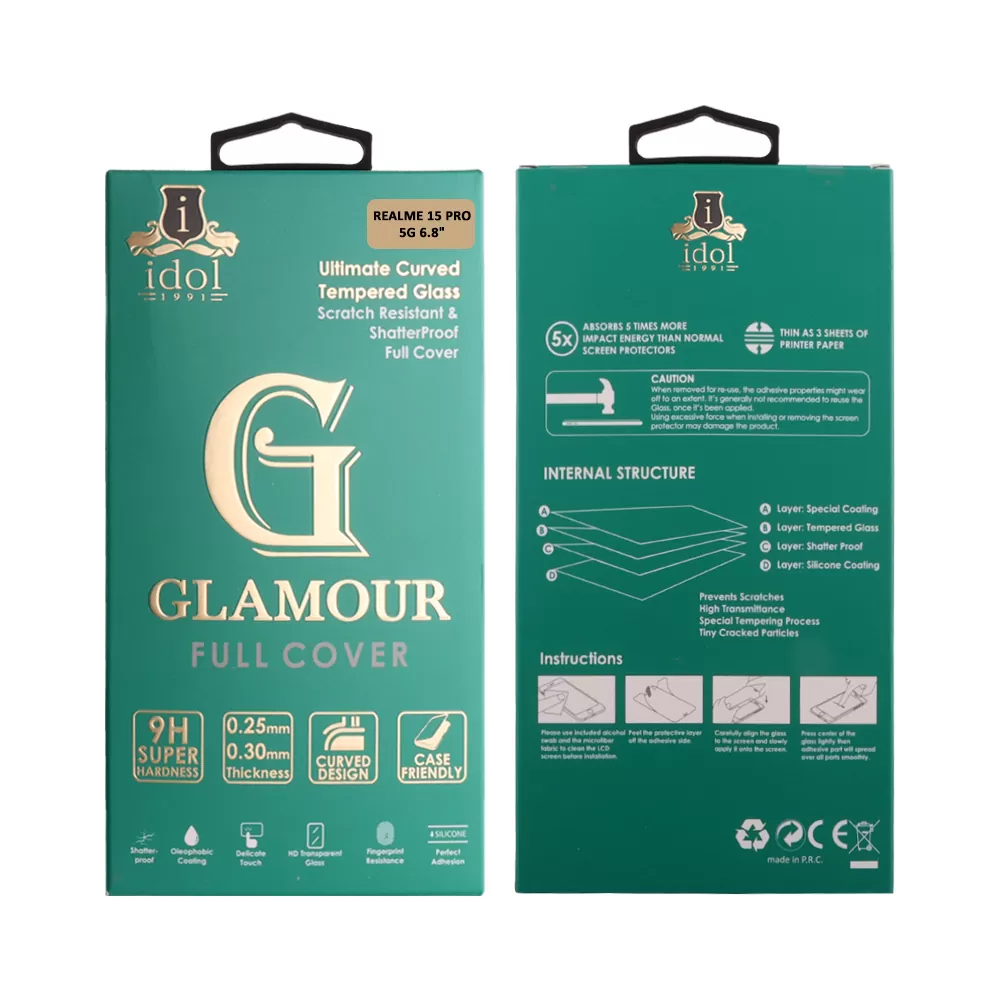 IDOL 1991 GLAMOUR TEMPERED GLASS REALME 15 PRO 5G 6.8in 9H 0.30mm FULL COVER 3D EDGE GLUE FINGER UNLOCK BLACK - Image 2
